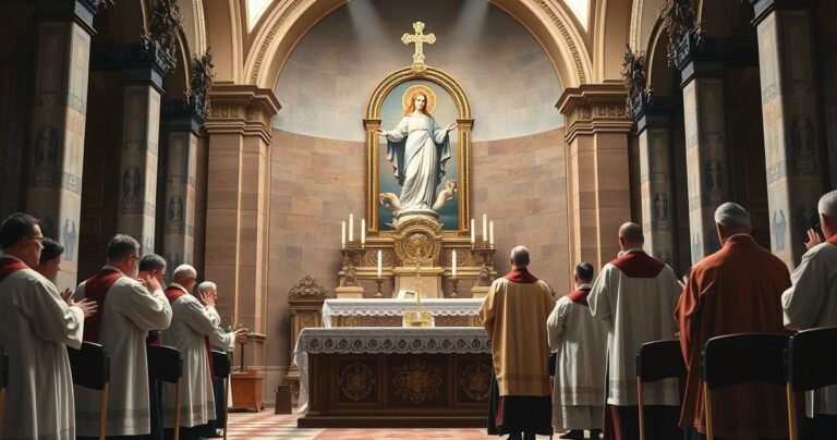 Realistyczny obraz katolickiego sanktuarium Matki Bożej, z kapłanami i wiernymi w modlitwie, oddający powagę i tradycyjną duchowość, ukazujący krytykę modernistycznego kultu i odwołanie do katolickiej nauki.