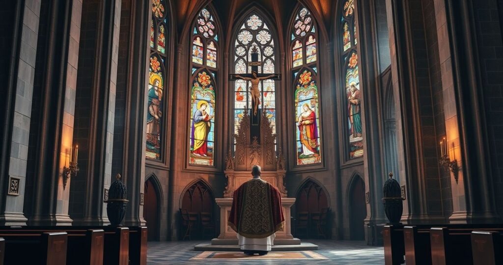 Reverentna scena w kościele katolickim z kapłanem modlącym się przed krucyfiksem, symbolizująca wiarę i Bożą władzę nad światem.