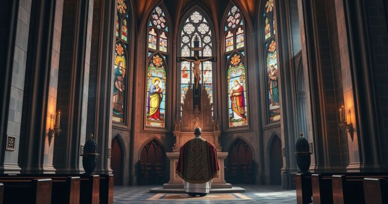 Reverentna scena w kościele katolickim z kapłanem modlącym się przed krucyfiksem, symbolizująca wiarę i Bożą władzę nad światem.