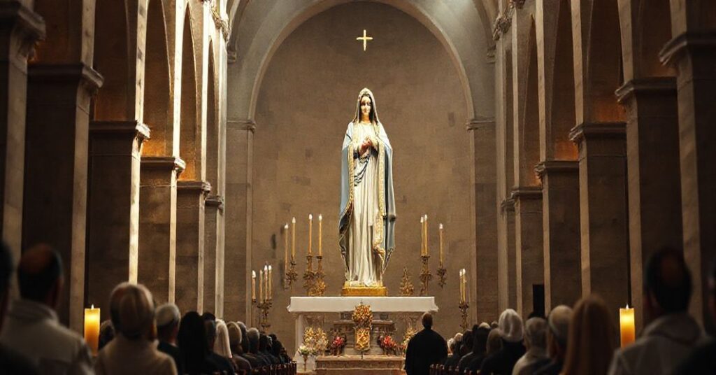 Wnętrze sanktuarium w Piotrkowicach z tradycyjną figurą Matki Bożej Loretańskiej, otoczonej pobożnymi pielgrzymami, podkreślające autentyczną mariańską pobożność.