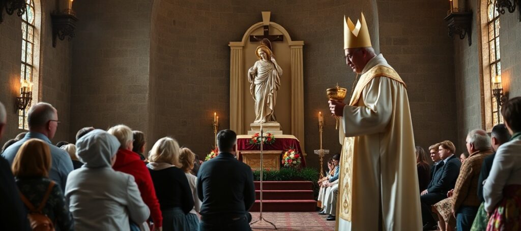 Zdjęcie sanktuarium Trójcy Przenajświętszej w Prostyni na Podlasiu przedstawiające pielgrzymów modlących się przed sporą statuą Trójcy Świętej. Wokół statuy znajdują się wianki i kielich podarowany przez uzurpatora 'papieża Polskiego'. Scena odnosi się do kontrowersyjnych łask i objawień bez weryfikacji kościelnej.