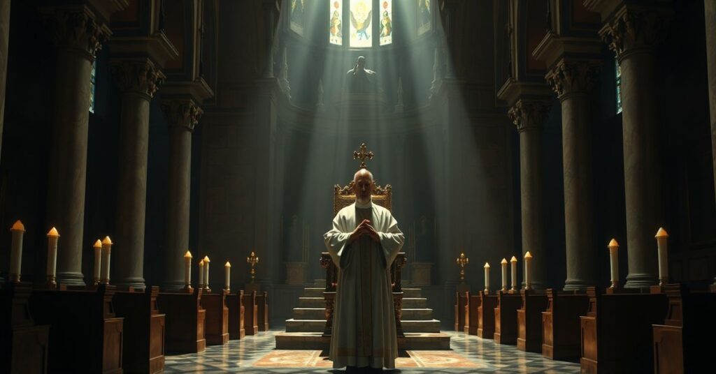 Powściągliwa scena w tradycyjnym katolickim sanktuarium z pustym tronem św. Piotra symbolizującym Sedes Vacante. Na pierwszym planie stoi kapłan w modlitwie otoczony niepokojącymi cieniami. Tło przedstawia Watykan z subtelnymi odniesieniami do Leon XIV.