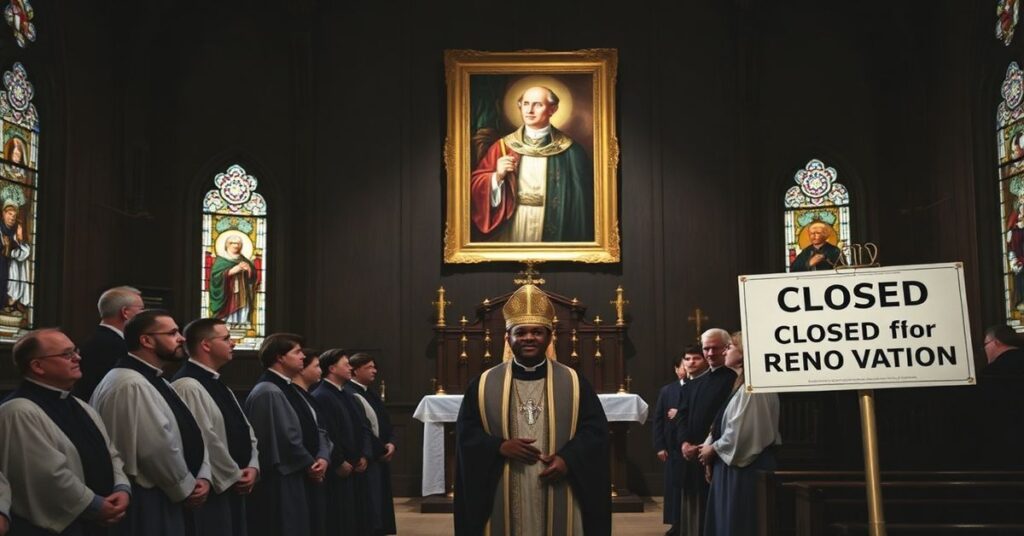 Wnętrze kościoła z grupą duchownych w tradycyjnych szatach kościelnych i bakalarzach, stojących przed zamkniętym tabernakulum. W tle wiszą okna witrażowe z historycznymi scenami amerykańskimi, a nad ołtarzem znajduje się wyblakły obraz Augustusa Toltona. Napis 'Przyszłe sanktuarium Czcigodnego Augustusa Toltona' widnieje obok informacji 'Zamknięte na remont'.