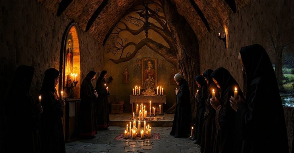 Sanktuarium w Tropiu - tradycyjne przedstawienie kultu świętych Sawierada i Benedykta, z kaplicą, wiernymi i naturalnym pejzažm