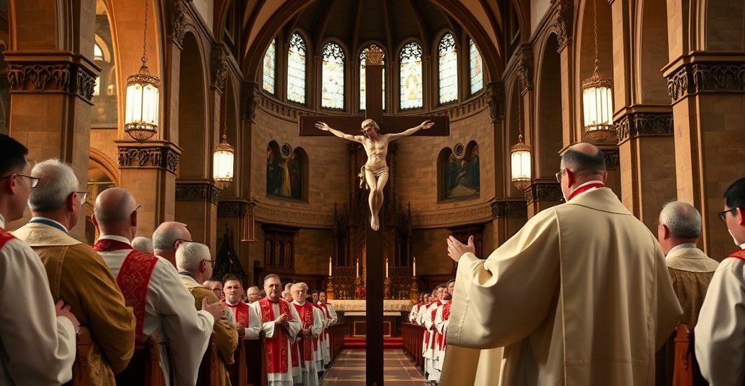 Sanktuarium katolickie z krzyżem i wiernymi podczas liturgii Sanktuarium katolickie z kapłanami i wiernymi, skupionymi na krzyżu, wyrazem pobożności i tradycji katolickiej