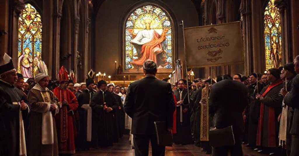 Grupa katolickich wiernych w tradycyjnych szatach na tle procesji z obrazem Chrystusa Króla, w kontrastie z korporacyjnym biznesmenem Enrique Shawa.