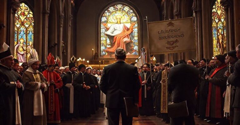 Grupa katolickich wiernych w tradycyjnych szatach na tle procesji z obrazem Chrystusa Króla, w kontrastie z korporacyjnym biznesmenem Enrique Shawa.