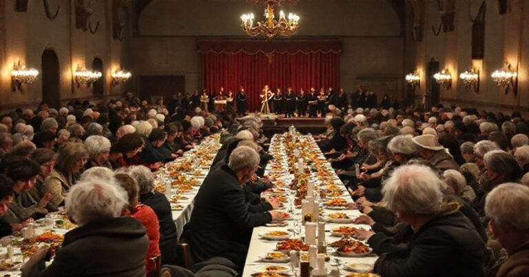 Scena z sali w Warszawie podczas organizowanych przez Wspólnotę Sant'Egidio obchodów Bożego Narodzenia. Ludzie z różnych grup społecznych siedzą przy stole bez widocznych elementów religijnych.