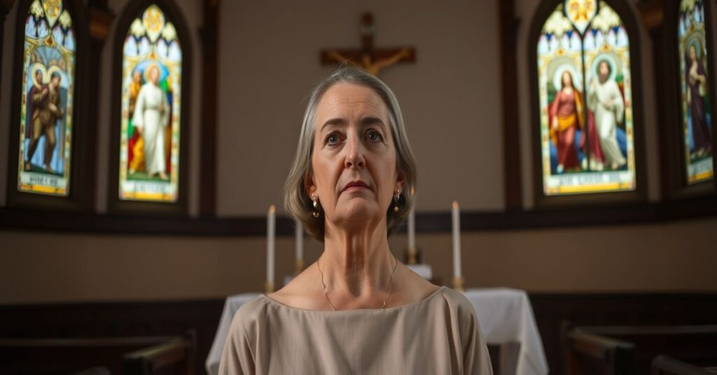 Portret Sary Zagorski w tradycyjnym kościele katolickim z krzyżem i świecami w tle