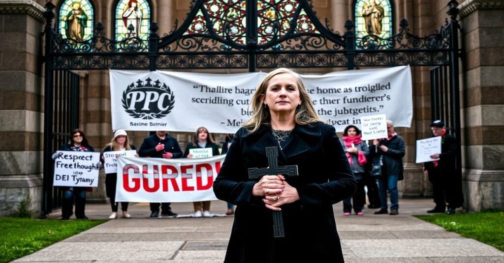 Sarah Dotzert stoi przed bramą Uniwersytetu Guelph z krzyżem w ręku, otoczona demonstrantami domagającymi się wolności słowa.
