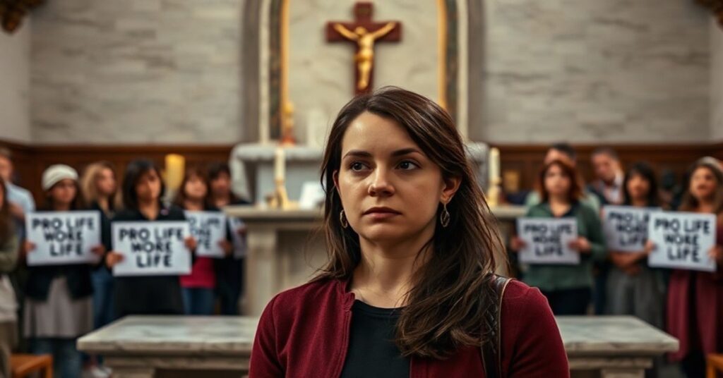 Sarah Hurm przed ołtarzem kościelnym, rozważając brak duchowości w współczesnej aktywności pro-life