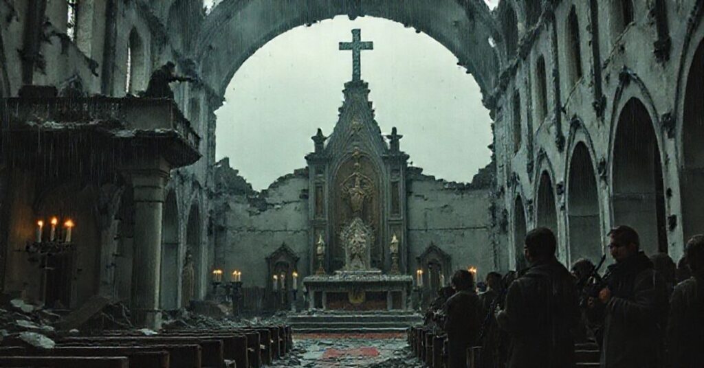 Zniszczony kościół katolicki w Sarajewie podczas oblężenia z widokiem snajpera celującego w cywilów. W tle grupa bogatych turystów obserwuje z cienia.