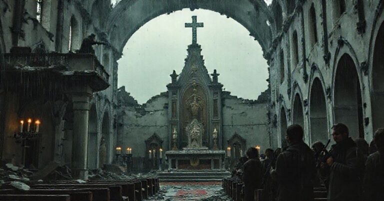 Zniszczony kościół katolicki w Sarajewie podczas oblężenia z widokiem snajpera celującego w cywilów. W tle grupa bogatych turystów obserwuje z cienia.