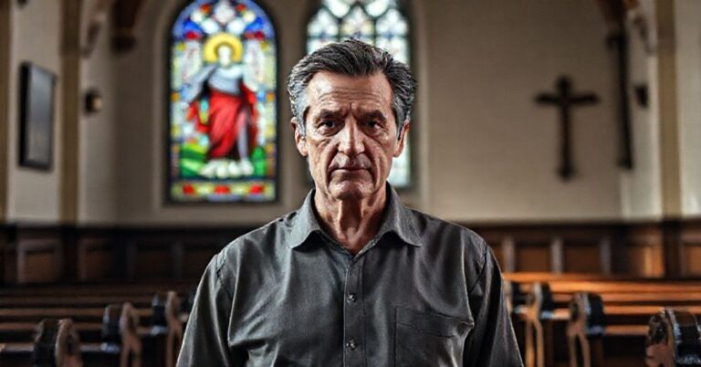 Portret byłego prezydenta Francji Nicolasa Sarkozy'ego w kaplicy z witrażem przedstawiającym Chrystusa Króla