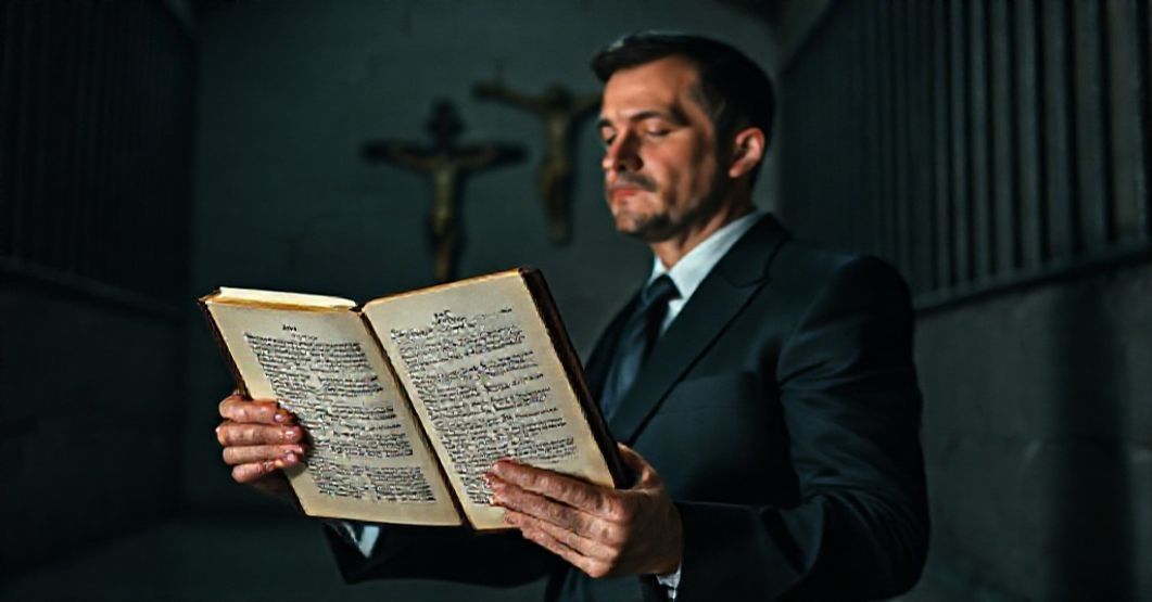Więzień modli się w ciemnej celi przy księdze o Jezusie z niejasnymi treściami tekstu