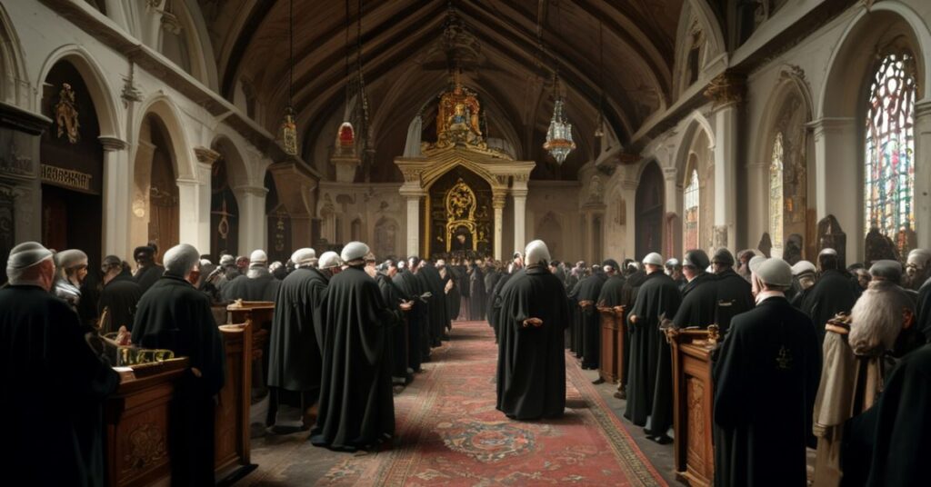 Obraz tradycyjnego wnętrza kościoła w Poznaniu ze śladami wandalizmu satanistycznego; procesja z Najświętszym Sakramentem i modlący się wierni.