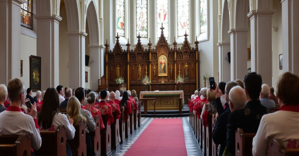 Pielgrzymka na Scala Sancta w Rzymie - wierni modlący się na schodach w kaplicy, tradycyjne katolickie nabożeństwo.