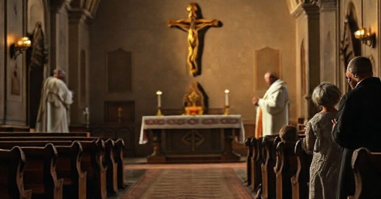 Wnętrze tradycyjnego kościoła z pustym ołtarzem, na tle spotkania 'Papieża Leona XIV' z parą homoseksualistów w 'małżeństwie', oraz sceną 'O. Jamesa Martina' udzielającego sakramentu osobie w związku sodomickim. Przerażona rodzina katolicka modli się w tle.