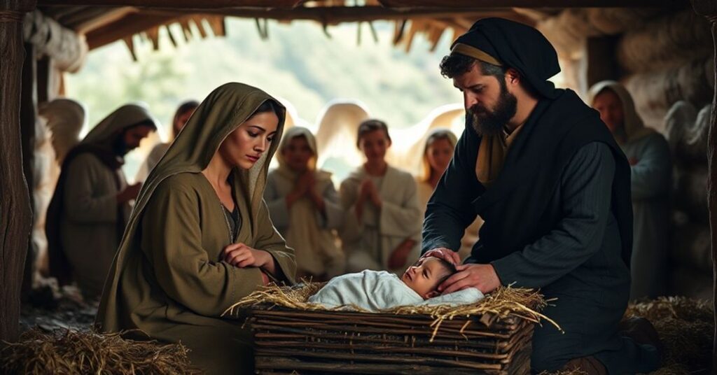 Scena Bożego Narodzenia w tradycyjnym katolickim stylu z Świętą Rodziną w stajence.