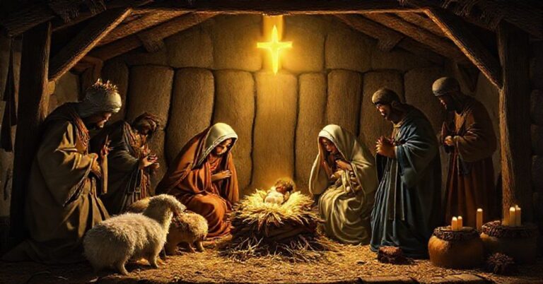 Tradycyjna scenka bożonarodzeniowa przedstawiająca Świętą Rodzinę w stajence z pasterzami i Trzema Królami, podkreślająca nadprzyrodzony charakter narodzenia Chrystusa.