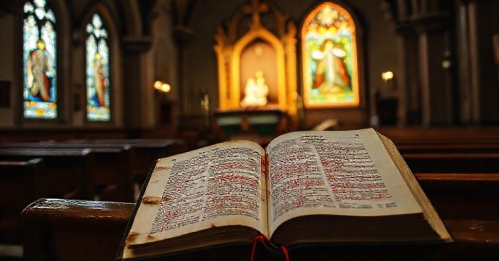 Tradycyjna scena Bożego Narodzenia w kościele katolickim z gazetą "Tygodnik Powszechny" na ławce