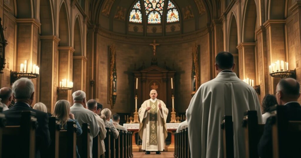 Religijna scena katolicka w kościele, kapłan odprawiający Eucharystię w tradycyjnym stroju, w spokojnej, pełnej szacunku atmosferze