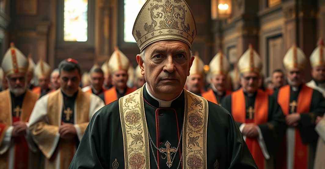 Reverentna scena katolicka z duchownymi w tradycyjnych szatach, wyrazem powagi i krytyki sekciarskiej narracji, przedstawiona w realistycznym stylu.