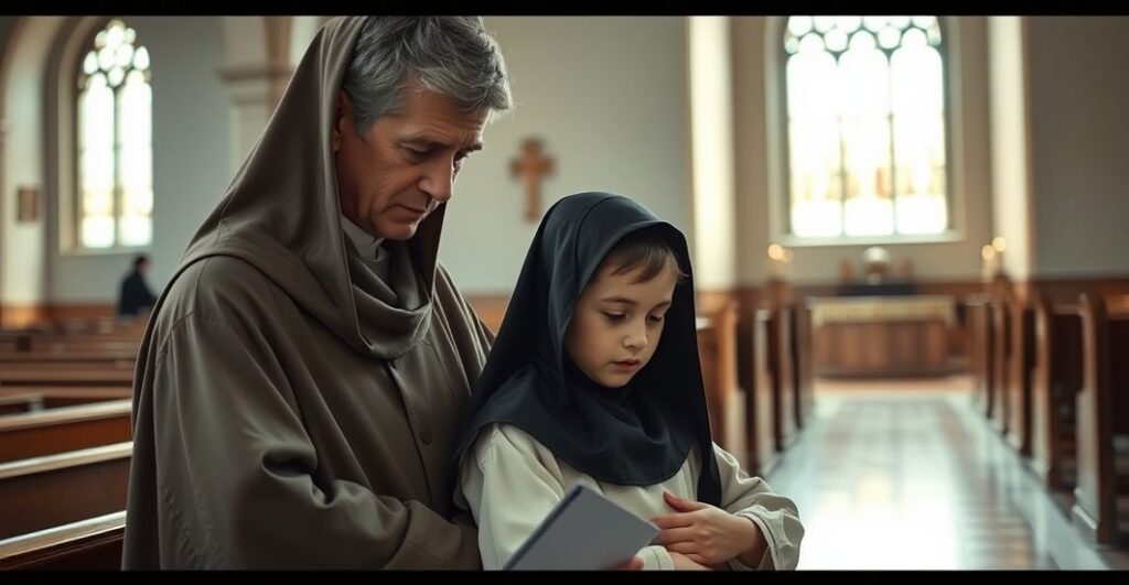 Reverentna scena katolicka ukazująca rodzinę z dzieckiem, symbolizująca powagę i godność dziecka w kontekście moralnym i religijnym