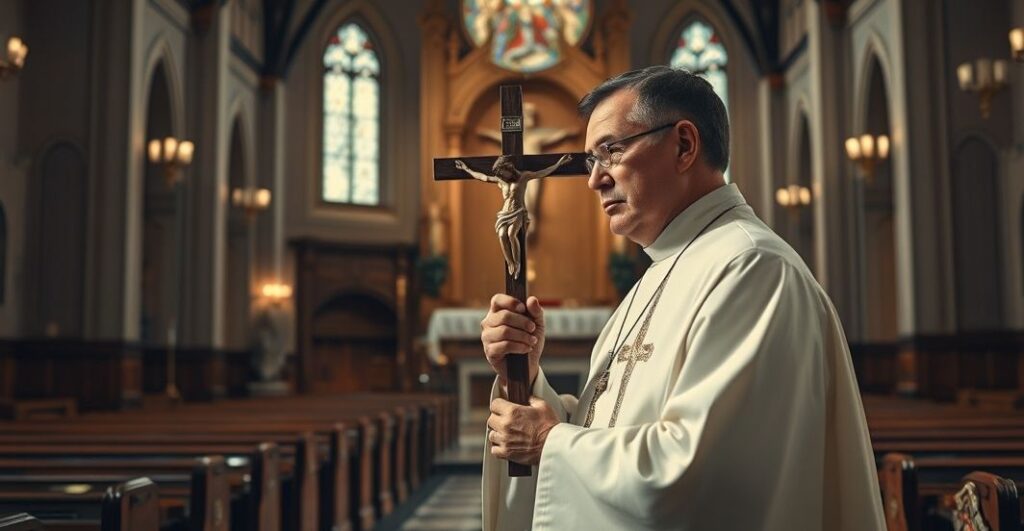 Szczegółowa scena liturgiczna w kościele katolickim, ukazująca kapłana w modlitewnej postawie z krzyżem, symbolizująca powagę grzechu aborcji i potrzebę pokuty