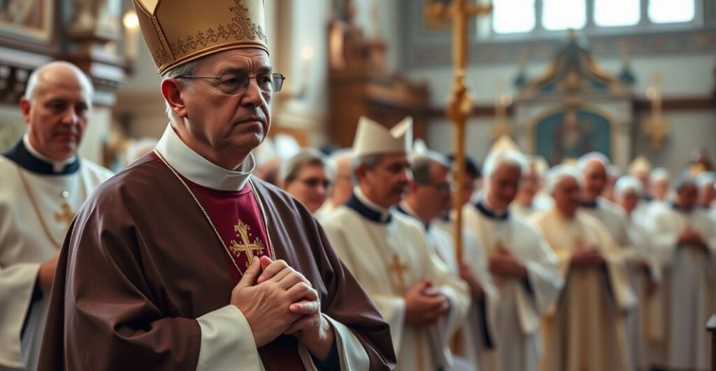 Rewersyjna scena katolicka z kapłanem w liturgicznych szatach, modlącym się w kościele, symbolizująca duchową walkę i moralną czujność wobec sojuszy światowych mocarstw