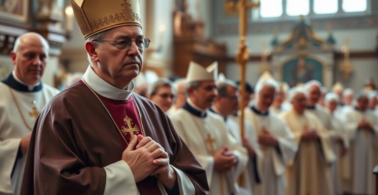 Rewersyjna scena katolicka z kapłanem w liturgicznych szatach, modlącym się w kościele, symbolizująca duchową walkę i moralną czujność wobec sojuszy światowych mocarstw