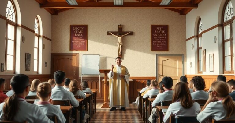 Reverent scena katolickiej klasy szkolnej z kapłanem i uczniami, podkreślająca konieczność obrony wiary przed nowoczesną edukacją niezgodną z nauką Kościoła