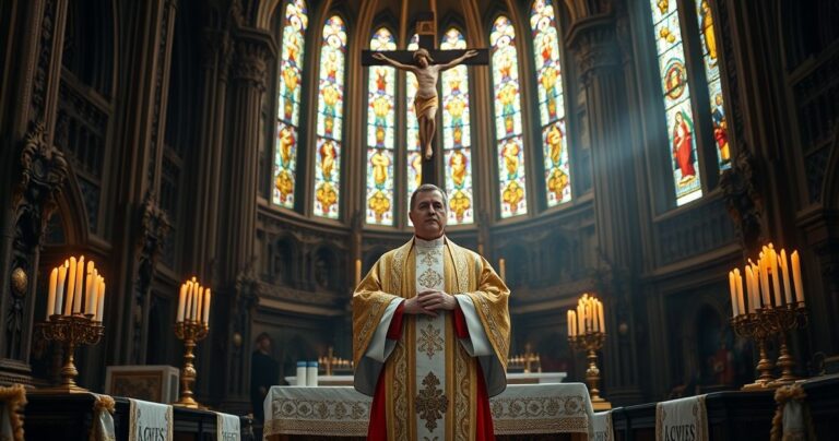 Realistyczne, pobożne zdjęcie katolickiego nabożeństwa z kapłanem, krzyżem i świecami w kościele, oddające duchową głębię i szacunek dla wiary.