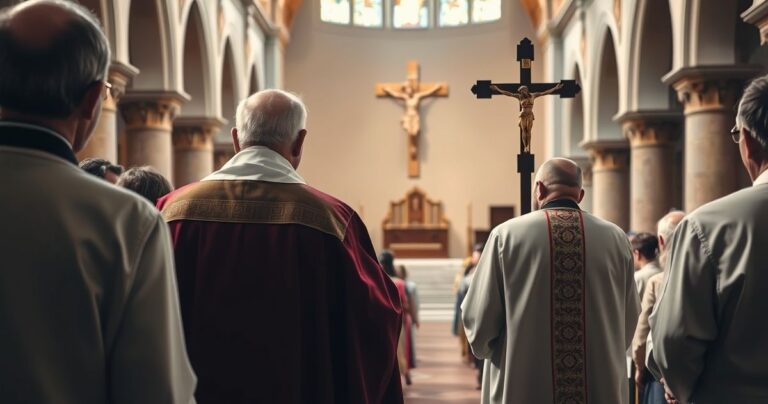 Rekolekcja katolicka w kościele, kapłan z krucyfiksem, wierni modlą się w skupieniu, wyraz głębokiej wiary i nadziei na życie od poczęcia