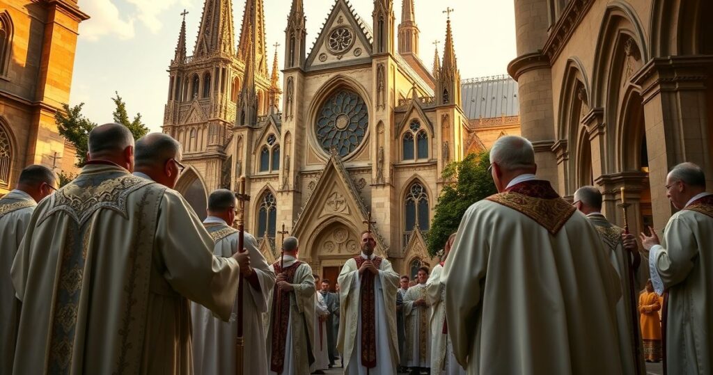 Głęboko religijna scena katolicka z duchownymi modlącymi się przed świątynią, ukazująca oddanie Bogu i odrzucenie nowoczesnej apostazji