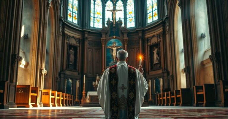 Obraz realistycznej sceny w katolickim kościele z kapłanem trzymającym świecę, modlitwą przed ołtarzem i krucyfiksem, symbolizujący szacunek dla życia i moralną odwagę.