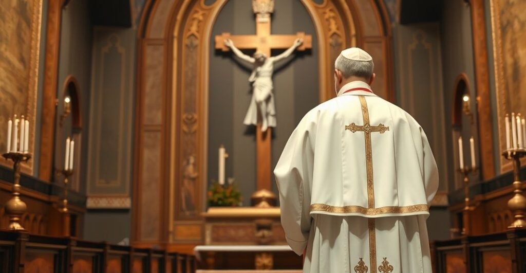 Ksiądz w tradycyjnych szatach przed krucyfiksem w kościele, symbolizujący powagę walki o życie i wartości katolickie według sedevacantystycznej wizji.