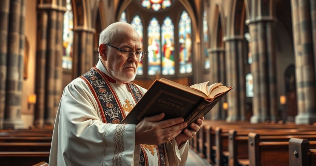 Zdjęcie realistycznej sceny katolickiej w kościele, z kapłanem odczytującym Pismo Święte, wyrażającym głęboką pobożność i tradycyjną wierność