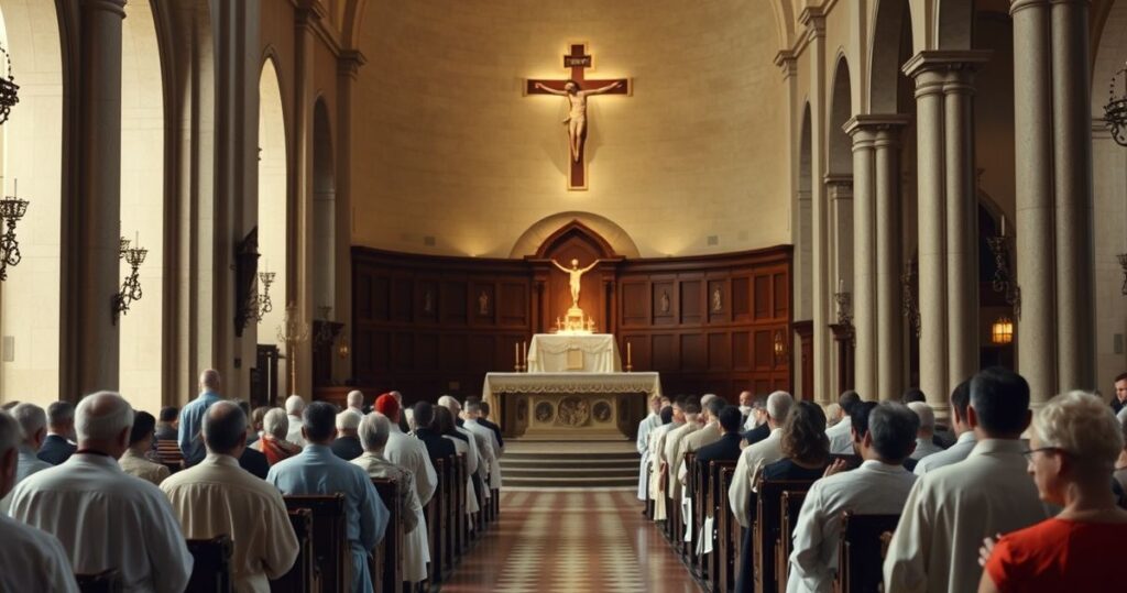 Szykowna, realistyczna scena katolicka w świątyni z kapłanami w tradycyjnych szatach, ołtarzem z krzyżem i wiernymi modlącymi się w skupieniu, ukazująca głęboki szacunek dla katolickiej tradycji i autorytetu.