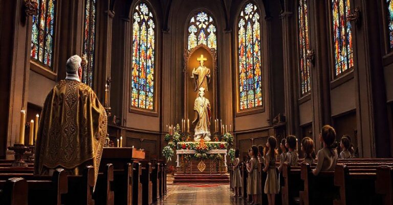 Ołtarz w tradycyjnym kościele katolickim z postaciami dzieci i kapłanem, ukazujący autentyczną religijną atmosferę, odzwierciedlającą głęboki szacunek i wierność naukom Kościoła.