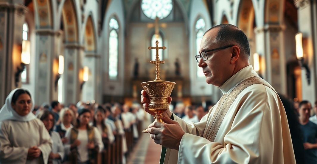 Fotografia katolicka ukazująca scenę pełną szacunku w starej świątyni z kapłanem i wiernymi, podkreślająca tradycyjną wiarę i krytykę modernistycznych tendencji