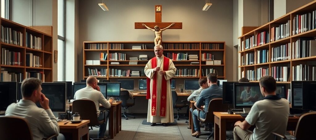 Przedstawienie tradycyjnego katolickiego sceny w nowoczesnej bibliotece
