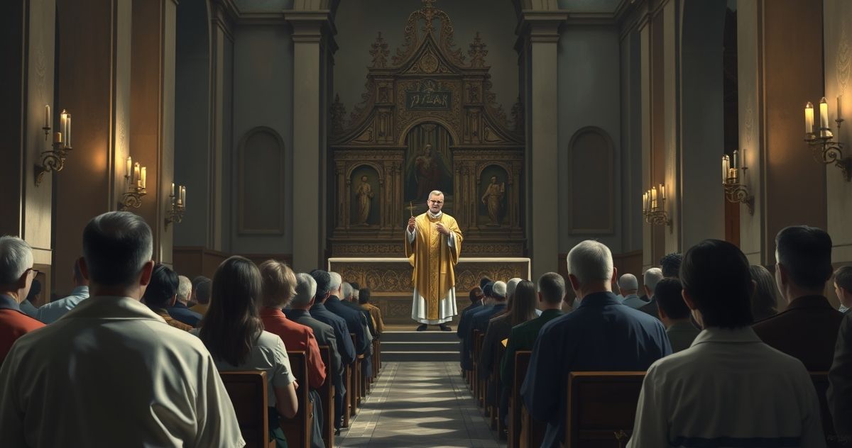 Scena katolicka w kościele ukazująca powagę i duchowość Fotografia realistyczna ukazująca katolicką świątynię z kapłanem w modlitwie, podkreślająca powagę i duchowość tradycyjnej Mszy świętej