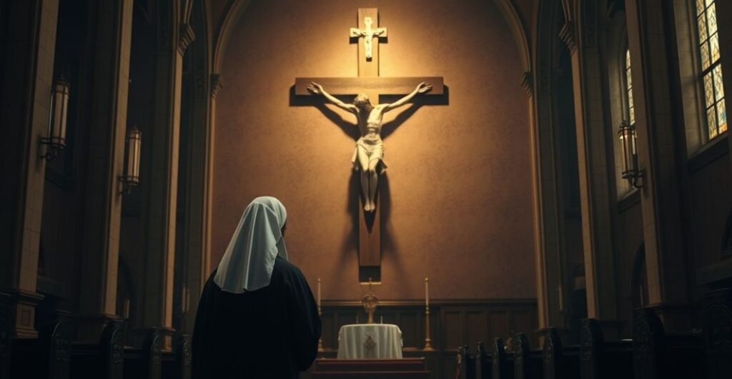Religijna scena katolicka z kapłanem lub zakonnicą przed krucyfiksem, rozważająca wolną wolę i łaskę w poważnej, realistycznej atmosferze