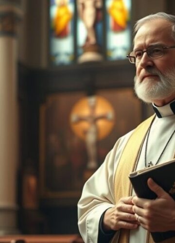 Scena katolicka z kapłanem w tradycyjnym otoczeniu sakralnym Rewerentna scena katolicka z kapłanem w tradycyjnych szatach, trzymającym krucyfiks lub Biblię, w sakralnym otoczeniu z witrażami i ikonami, oddająca duchową głębię i wiarę.