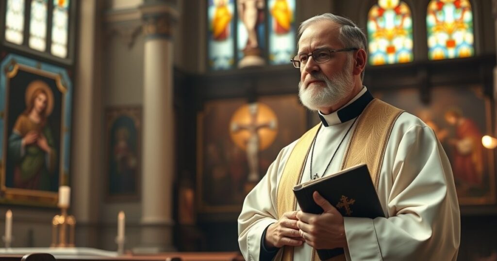 Rewerentna scena katolicka z kapłanem w tradycyjnych szatach, trzymającym krucyfiks lub Biblię, w sakralnym otoczeniu z witrażami i ikonami, oddająca duchową głębię i wiarę.