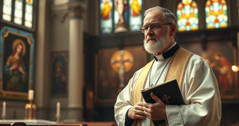 Rewerentna scena katolicka z kapłanem w tradycyjnych szatach, trzymającym krucyfiks lub Biblię, w sakralnym otoczeniu z witrażami i ikonami, oddająca duchową głębię i wiarę.