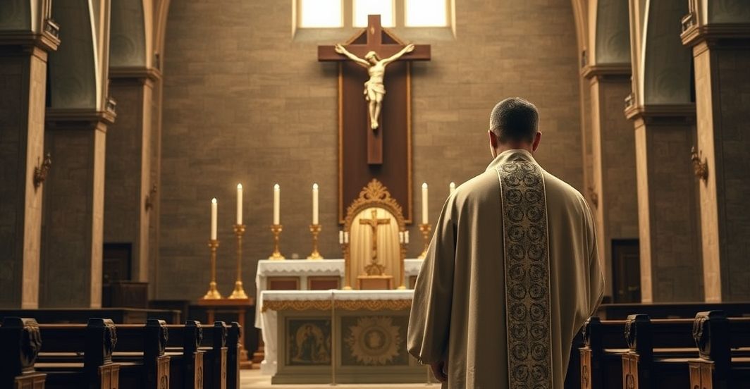Zdjęcie realistycznej, pełnej szacunku sceny kościelnej z ołtarzem, krzyżem i świecami, ukazujące kapłana w modlitewnej postawie, symbolizujące duchową powagę i potrzebę powrotu do Chrystusa jako Króla narodu.