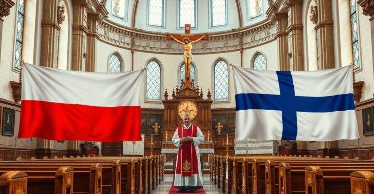 Religijna scena w kościele z kapłanem, krzyżem i flagami Polski i Finlandii, symbolizująca duchową walkę i odrzucenie politycznego materializmu