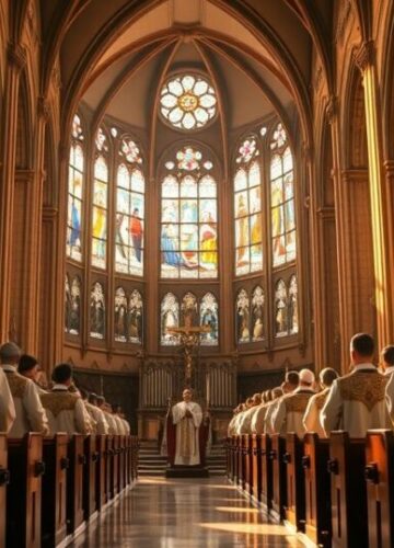 Sentymentalna scena kościelna ukazująca moralną powagę i odrzucenie nowoczesnych ideologii Sentymentalna, realistyczna scena kościelna z duchownymi w tradycyjnych ornatach, podkreślająca powagę moralną i odrzucenie nowoczesnych ideologii gender i relatywizmu.